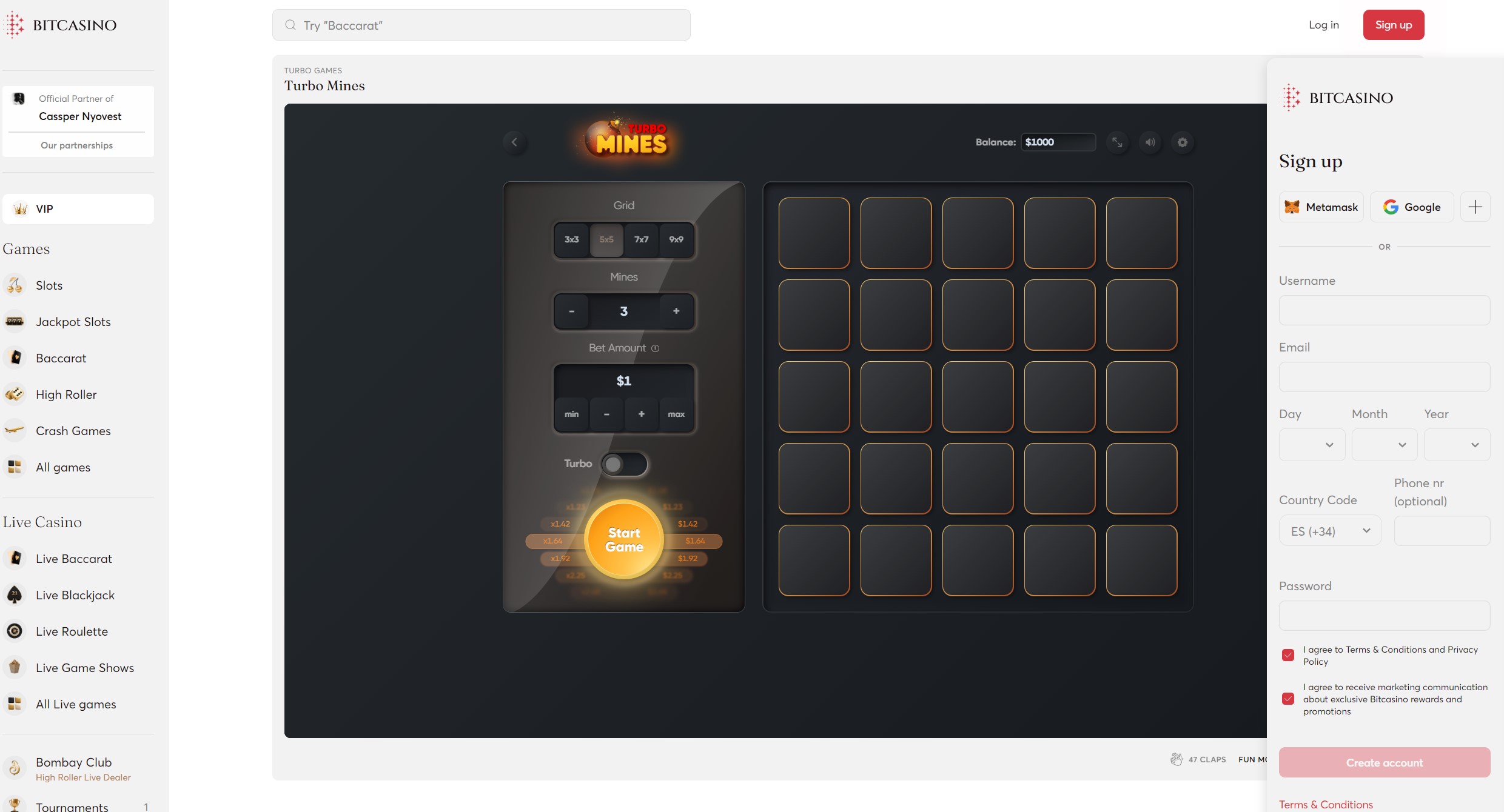 Bitcasino.io Turbo Mines register