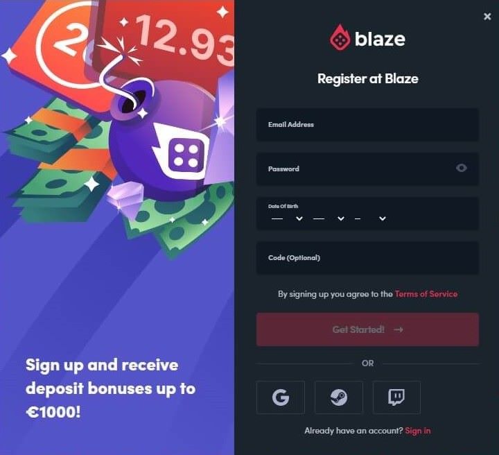 Blaze registration form.